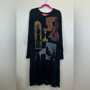 Marguerita Vintage 90s Art Deco Handpainted Cotton Black Sweater Dress USA